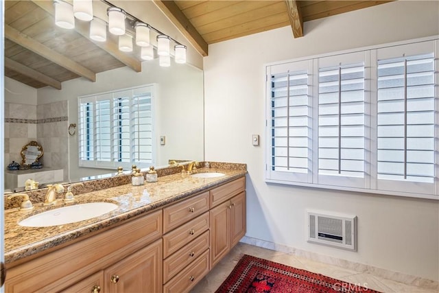 bathroom with vanity, vaulted ceiling with beams, tile patterned floors, and wood ceiling