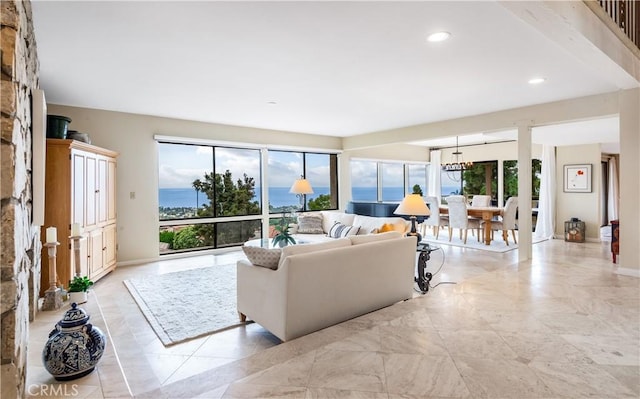 living room with a water view