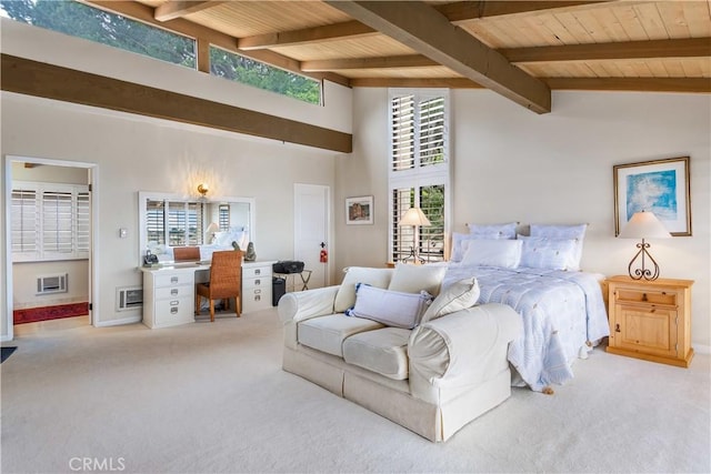 carpeted bedroom featuring beamed ceiling, high vaulted ceiling, and wood ceiling