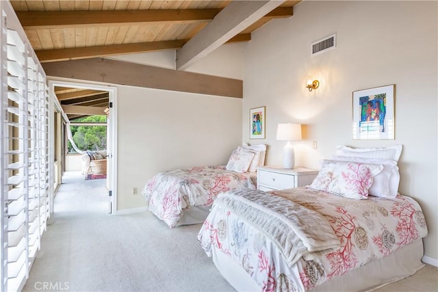 bedroom featuring vaulted ceiling with beams, light carpet, and wooden ceiling