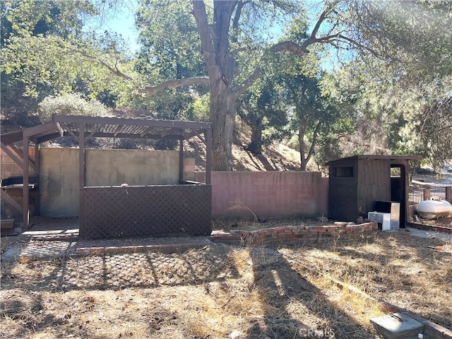 view of yard featuring a storage shed