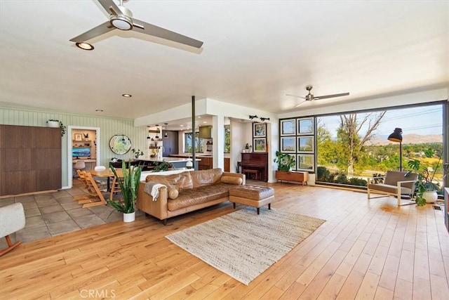 living room featuring ceiling fan and light hardwood / wood-style flooring