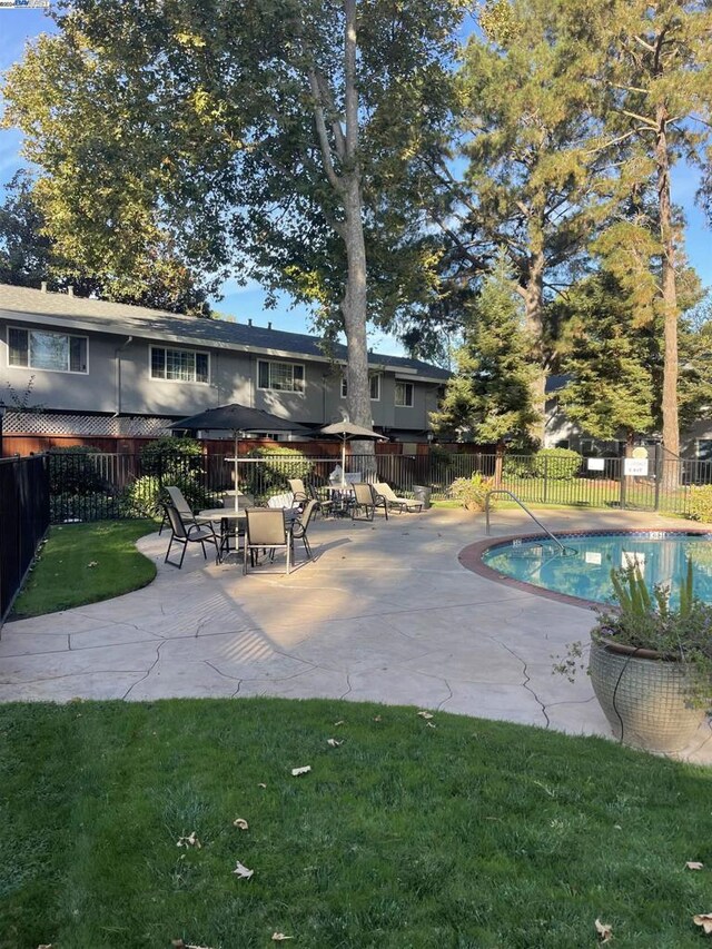 view of pool with a lawn and a patio area