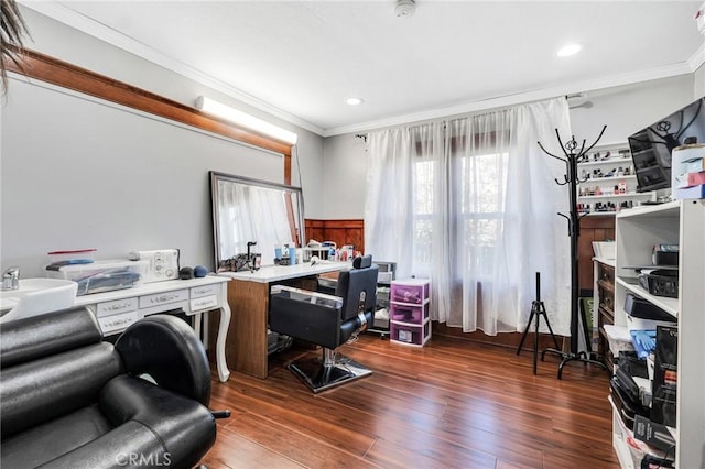 office with crown molding, dark hardwood / wood-style floors, and wooden walls