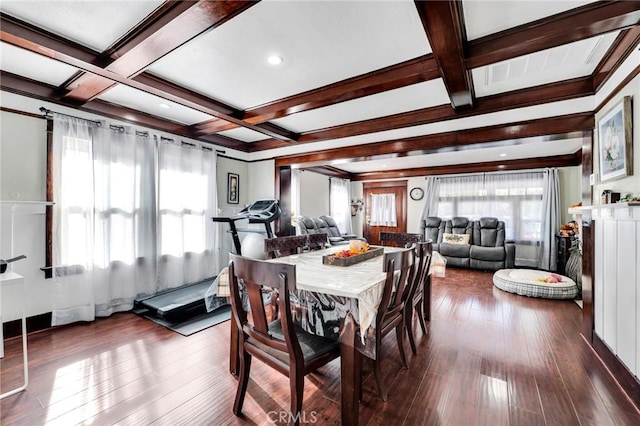 dining area featuring beamed ceiling, coffered ceiling, and dark hardwood / wood-style floors