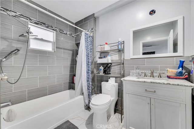 full bathroom with shower / tub combo with curtain, tile walls, vanity, decorative backsplash, and toilet