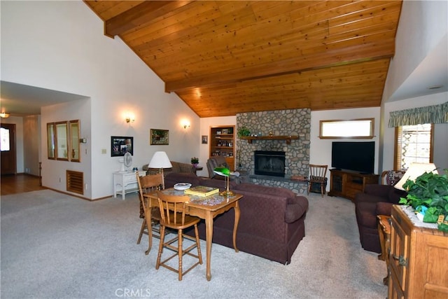 carpeted living room featuring a fireplace, high vaulted ceiling, wooden ceiling, and beamed ceiling