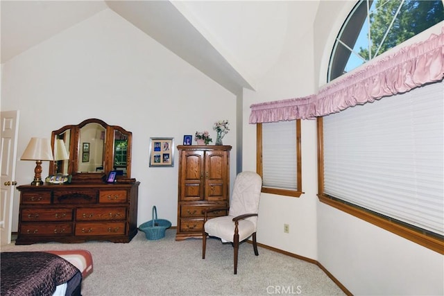 bedroom featuring high vaulted ceiling and light colored carpet