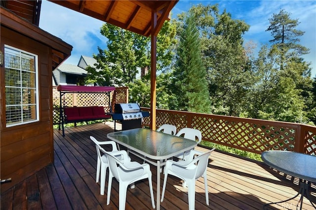 27547 W Shore Rd, Lake Arrowhead, CA 92352 - wooden deck featuring area for grilling and outdoor dining area