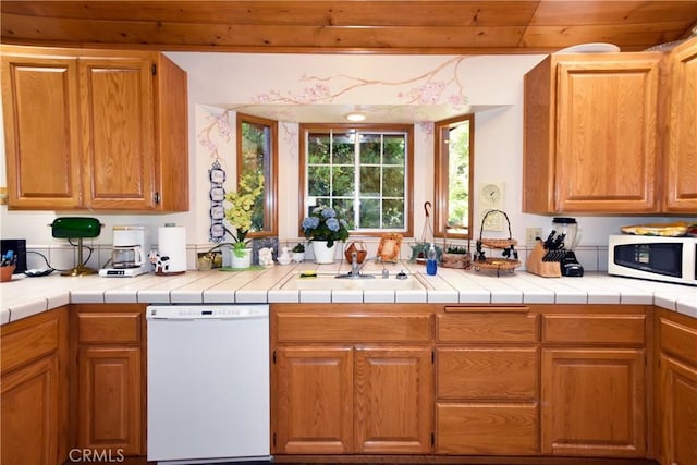 27547 W Shore Rd, Lake Arrowhead, CA 92352 - kitchen featuring white appliances, wooden ceiling, and light countertops