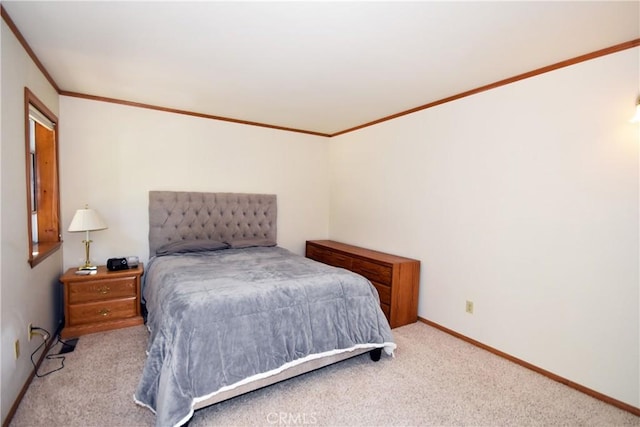 bedroom featuring ornamental molding and light carpet