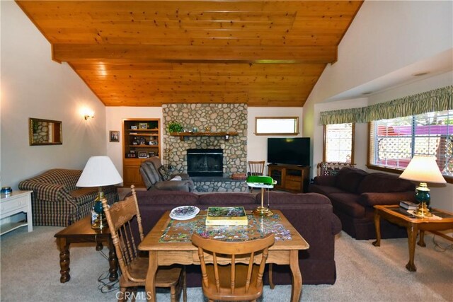 27547 W Shore Rd, Lake Arrowhead, CA 92352 - dining space with carpet floors, wooden ceiling, a fireplace, and high vaulted ceiling