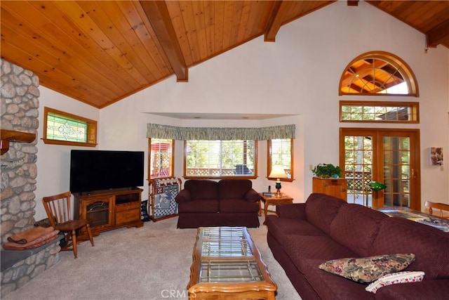 living room with beam ceiling, high vaulted ceiling, carpet flooring, and wood ceiling