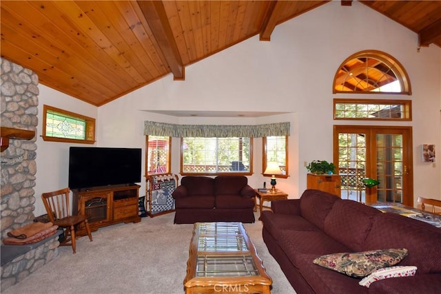 27547 W Shore Rd, Lake Arrowhead, CA 92352 - living room with carpet flooring, wood ceiling with exposed beams, high vaulted ceiling, and french doors