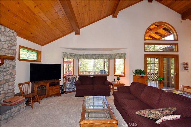 27547 W Shore Rd, Lake Arrowhead, CA 92352 - living room featuring carpet flooring, a wood ceiling with exposed beams, high vaulted ceiling, and french doors