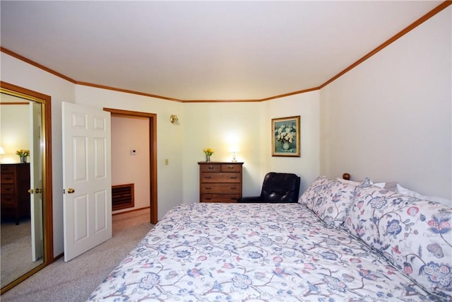 bedroom with light carpet and crown molding