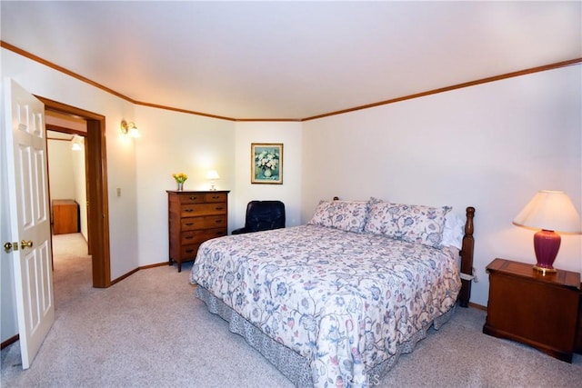 carpeted bedroom with ornamental molding