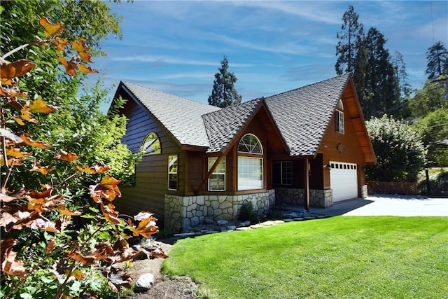 27547 W Shore Rd, Lake Arrowhead, CA 92352 - view of front facade with stone siding, a garage, a front lawn, a shingled roof, and concrete driveway