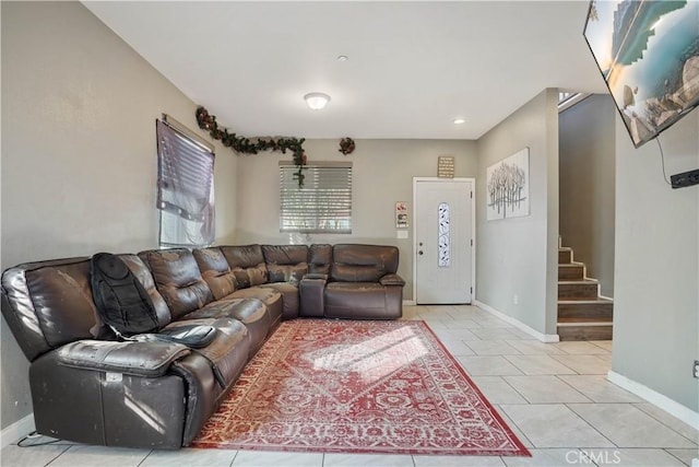 living room featuring light tile patterned floors