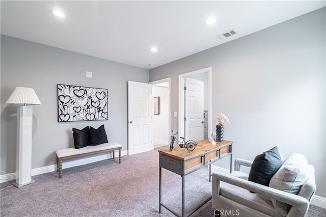 office area with carpet floors, baseboards, visible vents, and recessed lighting