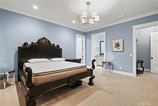 bedroom featuring crown molding, a chandelier, and light colored carpet