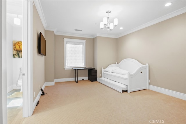 carpeted bedroom featuring crown molding, a chandelier, and ensuite bath