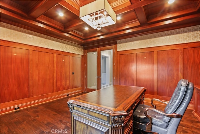 home office featuring dark wood-type flooring, beam ceiling, coffered ceiling, and wooden walls