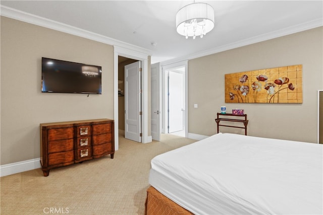 bedroom featuring light carpet, crown molding, and a chandelier