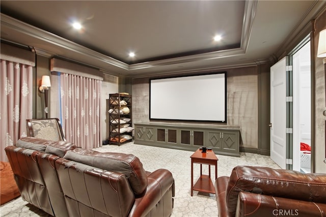 cinema room featuring ornamental molding, light colored carpet, and a raised ceiling