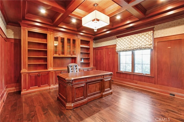 office with wood walls, coffered ceiling, and dark hardwood / wood-style floors