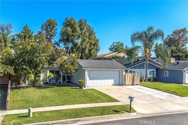 ranch-style home with a garage and a front lawn