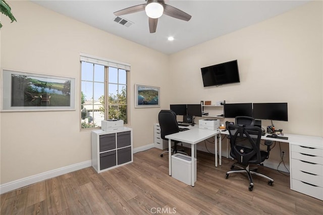 office featuring ceiling fan and light hardwood / wood-style floors