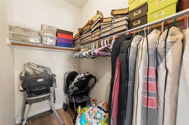 walk in closet featuring dark wood-type flooring