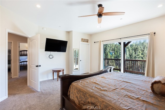 carpeted bedroom featuring access to exterior and ceiling fan