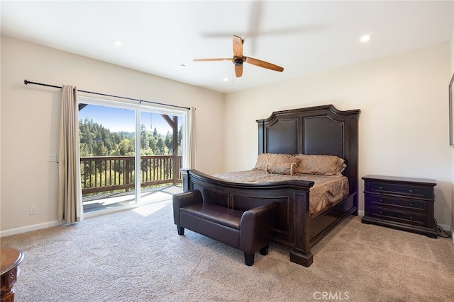 bedroom with access to exterior, light colored carpet, and ceiling fan