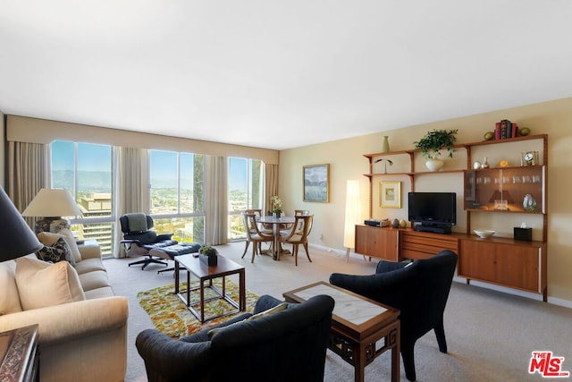 living room featuring a wealth of natural light and light carpet