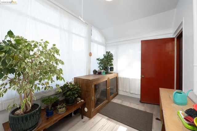 interior space featuring light hardwood / wood-style floors and vaulted ceiling