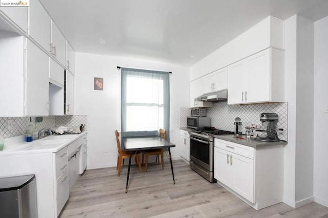 kitchen with light hardwood / wood-style floors, appliances with stainless steel finishes, backsplash, and white cabinets