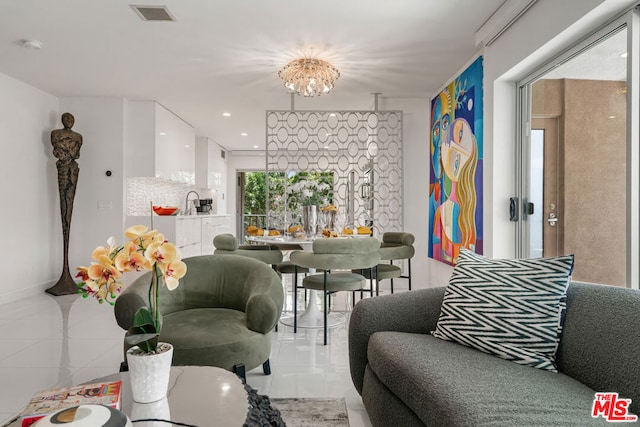 living room featuring tile patterned flooring