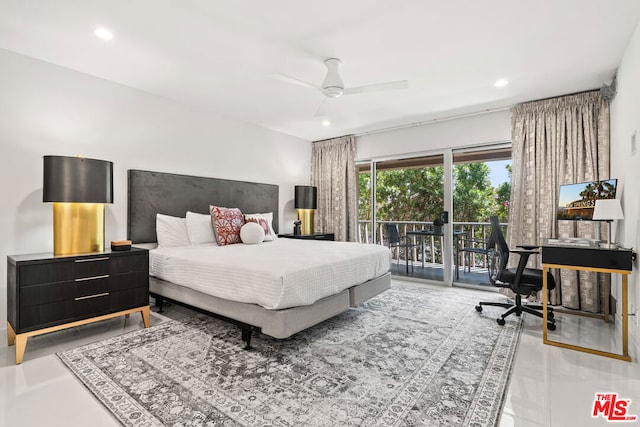 tiled bedroom featuring access to outside and ceiling fan