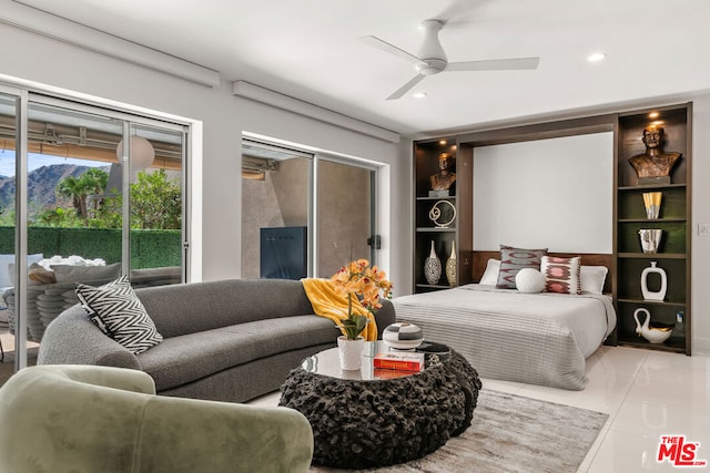 tiled bedroom with access to exterior and ceiling fan