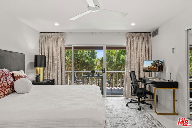 bedroom with access to exterior, tile patterned floors, and ceiling fan