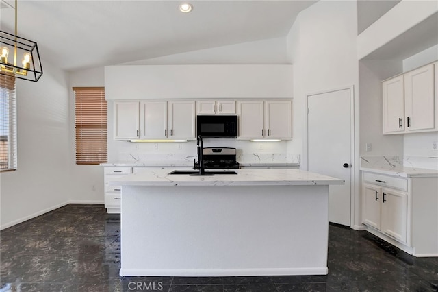 kitchen with light stone countertops, sink, vaulted ceiling, decorative light fixtures, and white cabinets