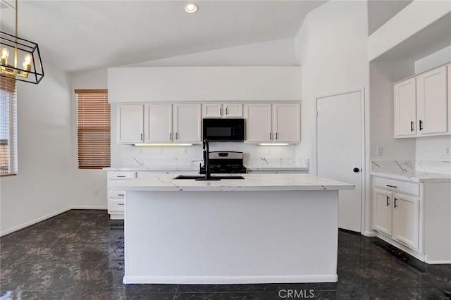 kitchen with light stone countertops, sink, white cabinetry, vaulted ceiling, and decorative light fixtures