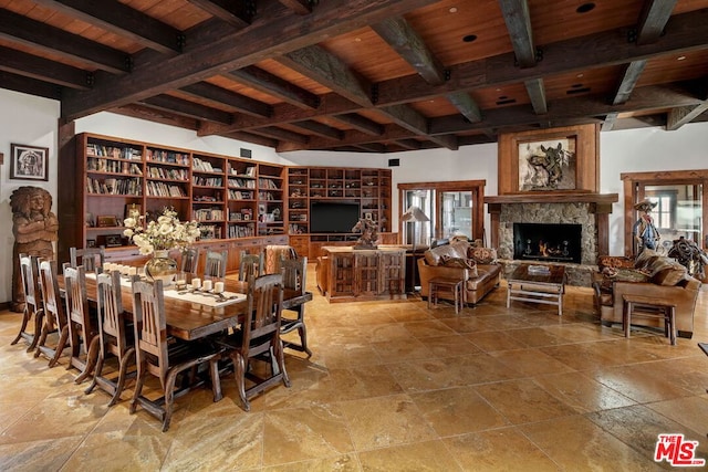 dining space featuring a premium fireplace, a healthy amount of sunlight, beam ceiling, and wooden ceiling