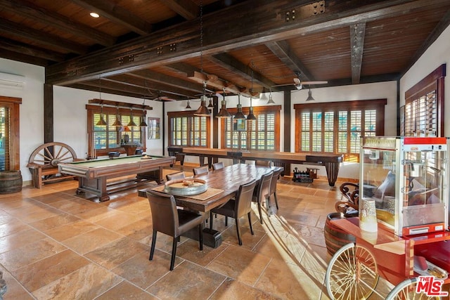 dining space with beam ceiling, billiards, and wooden ceiling