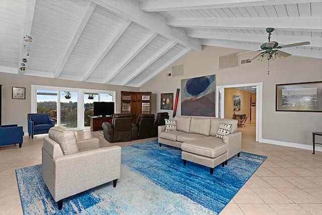 living room featuring beam ceiling, light tile patterned flooring, high vaulted ceiling, and ceiling fan