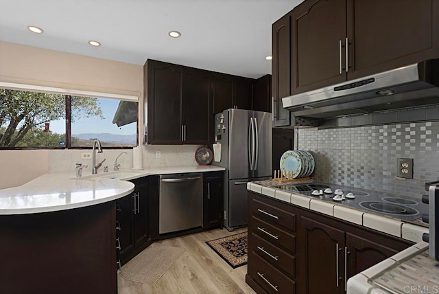 kitchen featuring appliances with stainless steel finishes, sink, backsplash, dark brown cabinetry, and light hardwood / wood-style flooring