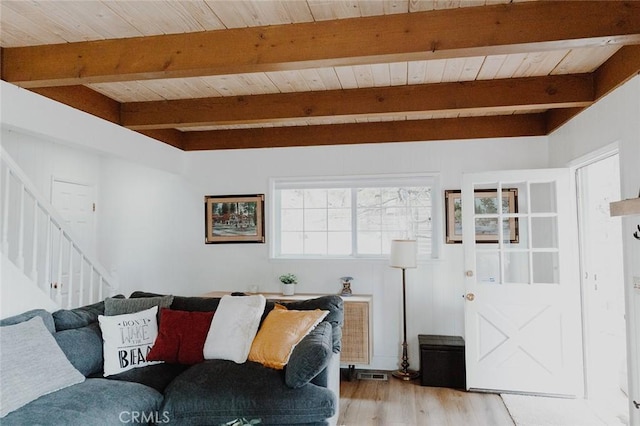 living room featuring beamed ceiling, light hardwood / wood-style floors, and wood ceiling