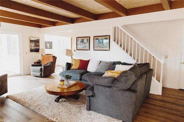 living room with wooden ceiling, beamed ceiling, and wood-type flooring